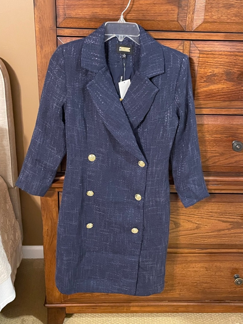 Alexia Admor Navy Textured Double-Breasted Blazer Coat Dress